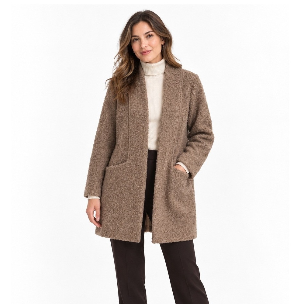 Boucle Open Front Coat Small Taupe Teddy Texture Minimalist Heritage Pockets